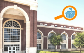 School Finder Logo with image of a brick school building