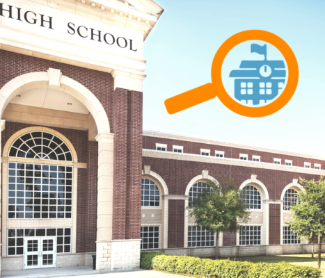 Red brick building labeled High School with School Finder icon