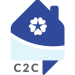 Image of a house with the FCSN logo composed of five hearts coming together into a star. The house looks like a talk bubble, and below it, it says C2C