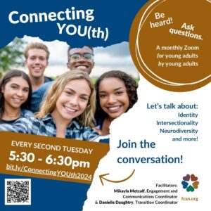 Connecting YOUth: Be heard! Ask questions. Tuesday, January 9 from 5:30-6:30 Image of Diverse group of young people outside taking a selfie and smiling, blue skies behind them.