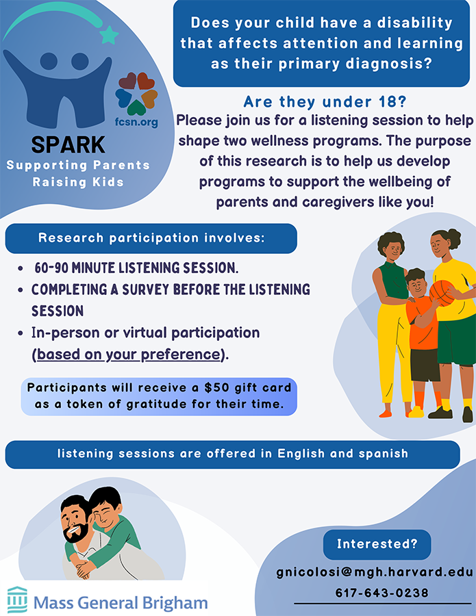 SPARK Study flyer with contact information: 617-643-0238 gnicolosi@mgh.harvard.edu